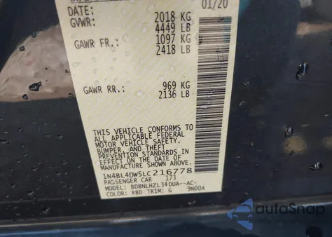 2020 Nissan Altima Sv Intelligent Awd from USA, damaged, VIN 1N4BL4DW5LC216778